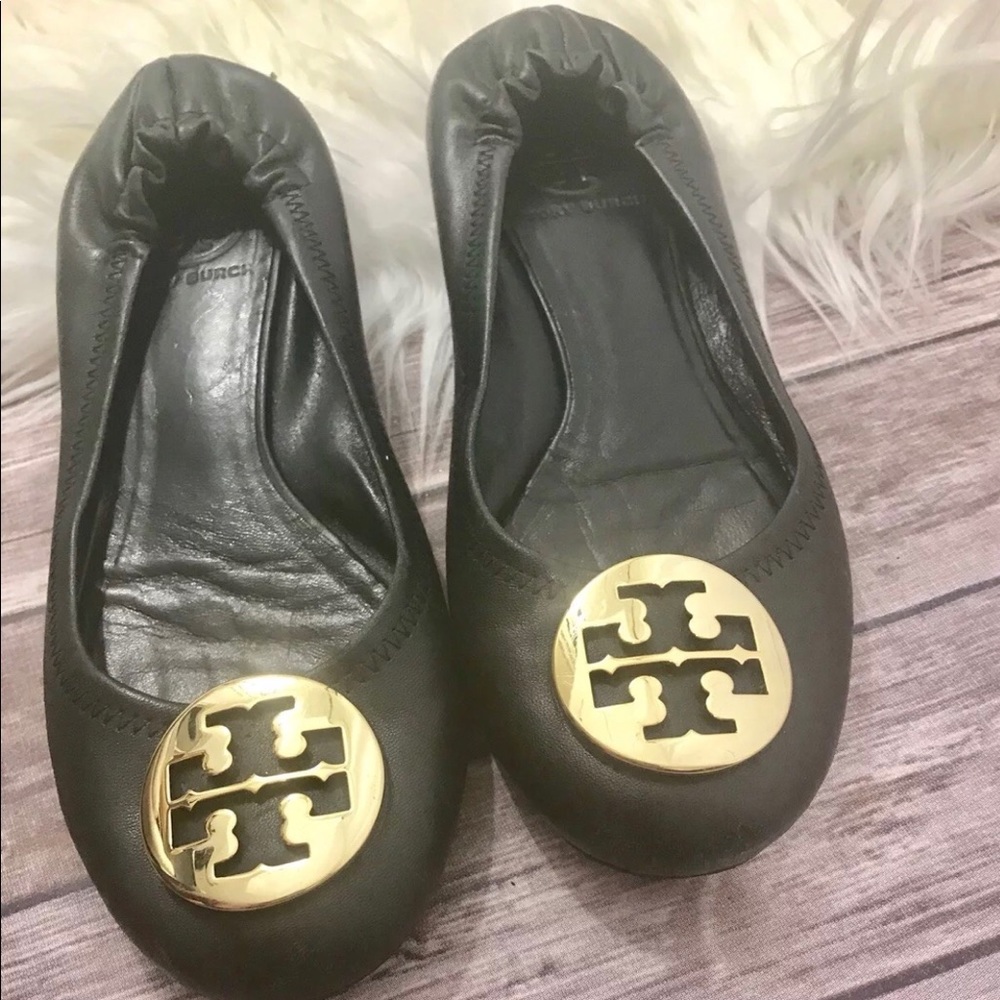 Tory burch reva ballerina black leather flats